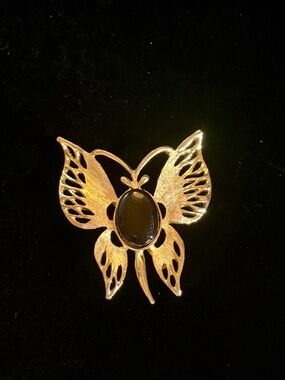 Vintage 1970s Gold Tone Gold Butterfly Brooch with Black Stone